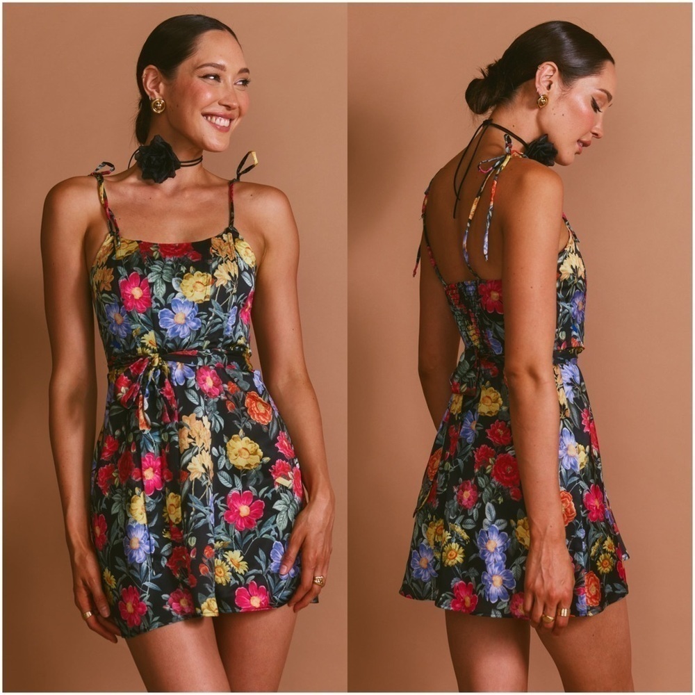 Show Me Your MuMu Black Floral Tie-Waist Mini Dress